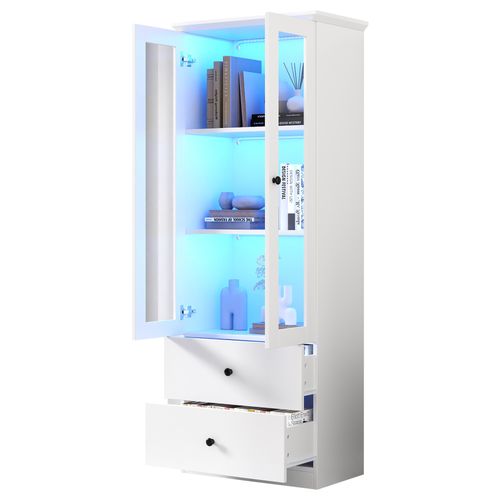 Vitrine LED Moderne En Mdf Avec 2 Tiroirs, Portes Battantes Et Étagères Réglables, Blanc Mat