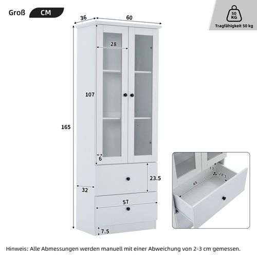 Vitrine LED Moderne En Mdf Avec 2 Tiroirs, Portes Battantes Et Étagères Réglables, Blanc Mat