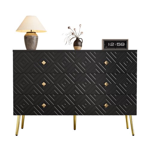Commode Moderne 6 Tiroirs - Bois Et Métal - Pieds En Métal Pour Stabilité, Noir Avec Doré