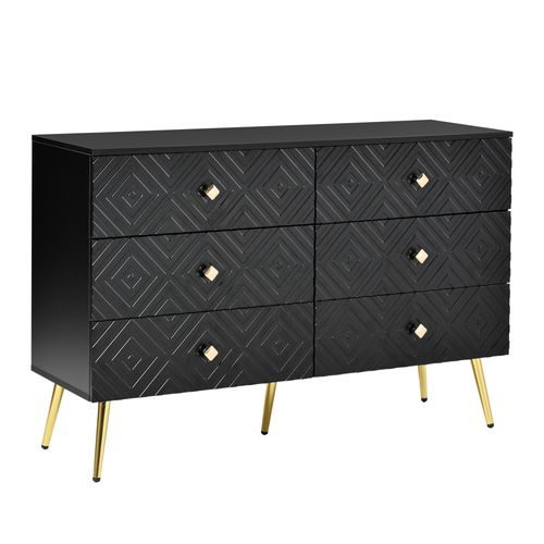 Commode Moderne 6 Tiroirs - Bois Et Métal - Pieds En Métal Pour Stabilité, Noir Avec Doré