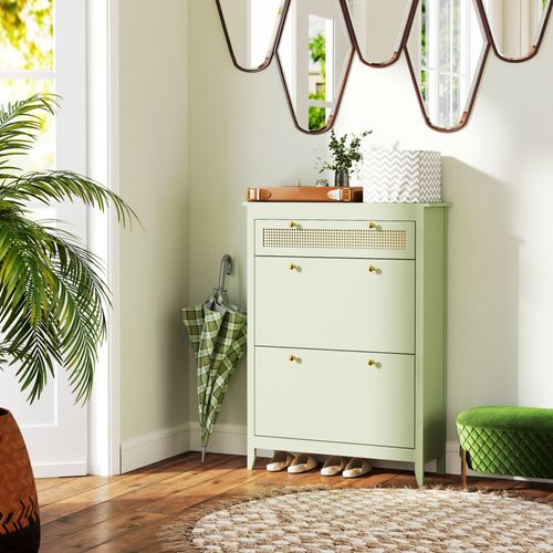 Meuble à Chaussures Avec 2 Clapets En Bois, Tiroir, Pour 12 Paires, Vert