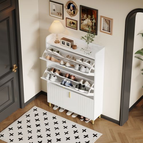 Rangement à Chaussures En Bois Avec 3 Portes, 6 Compartiments, Réglable, Anti-basculement, Blanc
