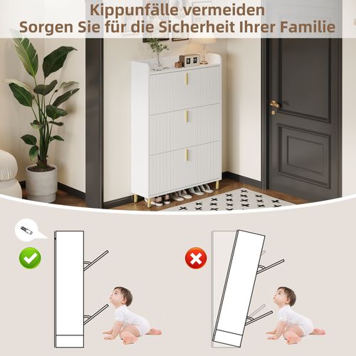 Rangement à Chaussures En Bois Avec 3 Portes, 6 Compartiments, Réglable, Anti-basculement, Blanc
