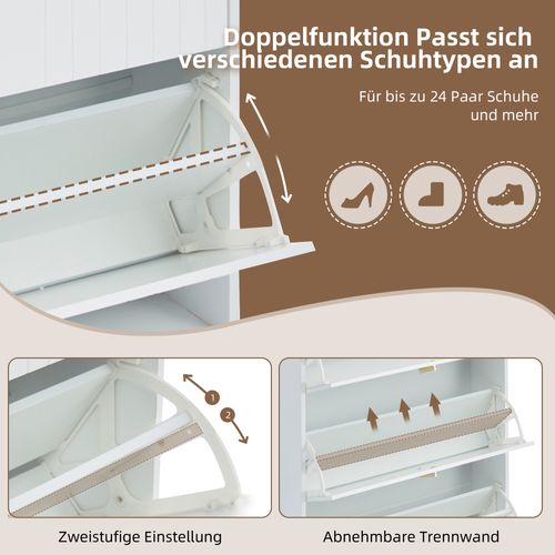 Rangement à Chaussures En Bois Avec 3 Portes, 6 Compartiments, Réglable, Anti-basculement, Blanc