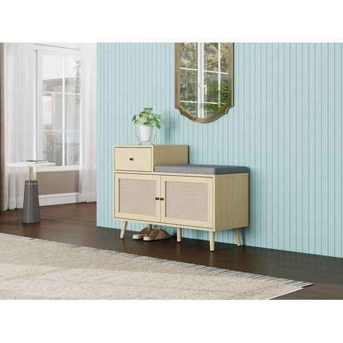 Banc D'entrée En Bois Naturel Avec Portes En Rotin Tressé, Tiroir Et Assise Rembourrée