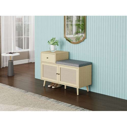 Banc D'entrée En Bois Naturel Avec Portes En Rotin Tressé, Tiroir Et Assise Rembourrée