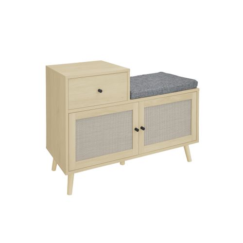 Banc D'entrée En Bois Naturel Avec Portes En Rotin Tressé, Tiroir Et Assise Rembourrée