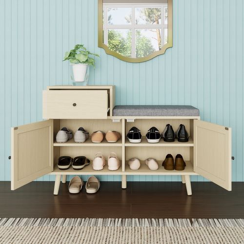 Banc D'entrée En Bois Naturel Avec Portes En Rotin Tressé, Tiroir Et Assise Rembourrée