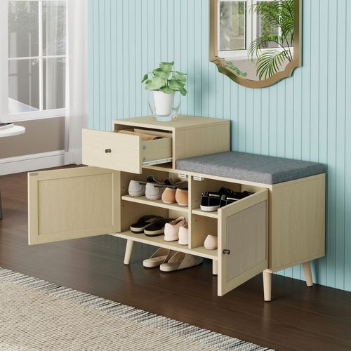 Banc D'entrée En Bois Naturel Avec Portes En Rotin Tressé, Tiroir Et Assise Rembourrée