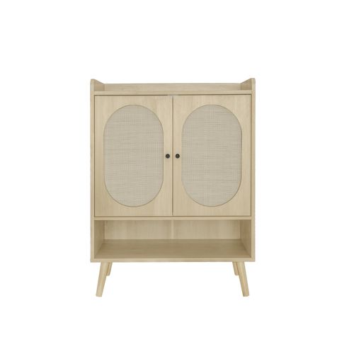 Armoire à Chaussures En Bois Naturel, Design En Rotin, Avec Espace De Rangement Ouvert, 68x35x90cm