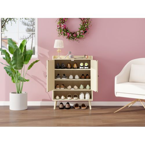 Armoire à Chaussures En Bois Naturel, Design En Rotin, Avec Espace De Rangement Ouvert, 68x35x90cm