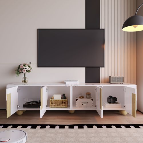 Meuble TV Blanc 180 Cm, Surface Effet Marbre, Design Élégant, Pieds En Bois Ronds