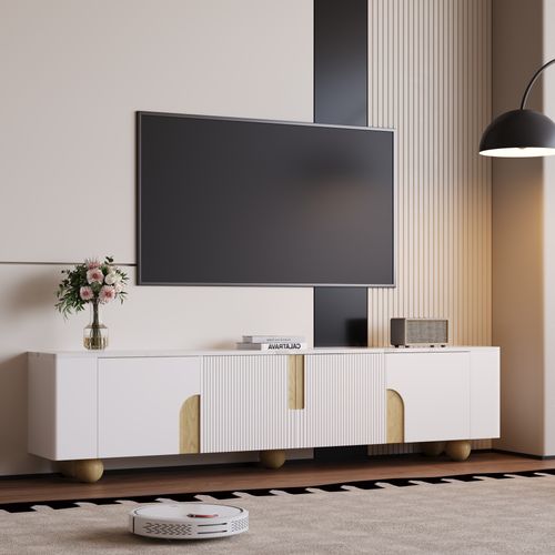 Meuble TV Blanc 180 Cm, Surface Effet Marbre, Design Élégant, Pieds En Bois Ronds