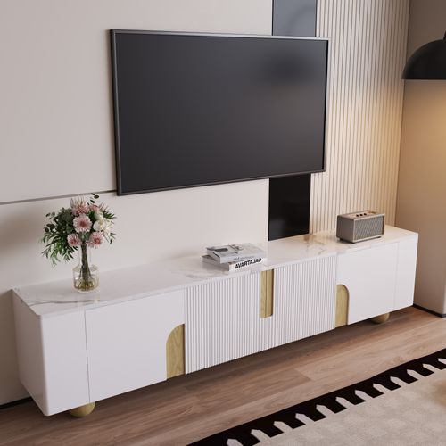 Meuble TV Blanc 180 Cm, Surface Effet Marbre, Design Élégant, Pieds En Bois Ronds