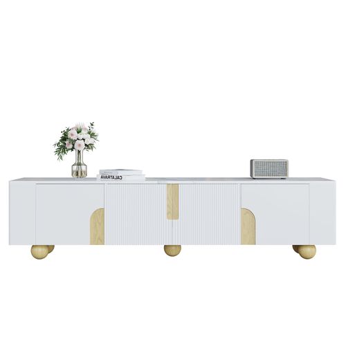 Meuble TV Blanc 180 Cm, Surface Effet Marbre, Design Élégant, Pieds En Bois Ronds