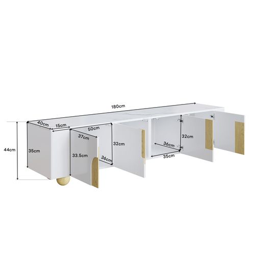 Meuble TV Blanc 180 Cm, Surface Effet Marbre, Design Élégant, Pieds En Bois Ronds