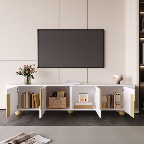 Meuble TV Blanc 180 Cm, Surface Effet Marbre, Design Élégant, Pieds En Bois Ronds