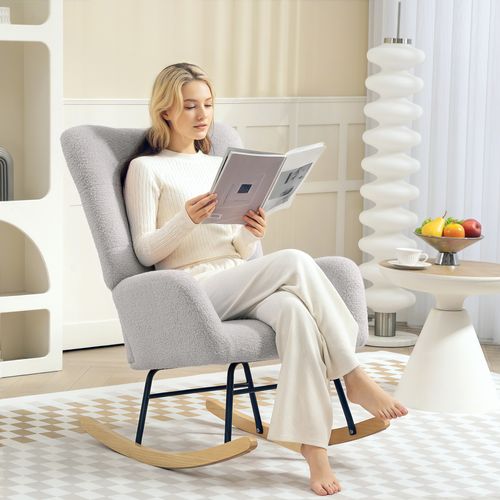 Fauteuil à Bascule En Velours Teddy, Fauteuil Relax Avec Accoudoirs, Gris Clair