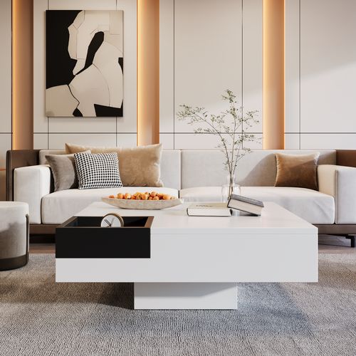 Table Basse, Mdf Et Verre, Avec Boîte De Rangement Amovible, Effet Lumineux LED, Blanc Et Noir