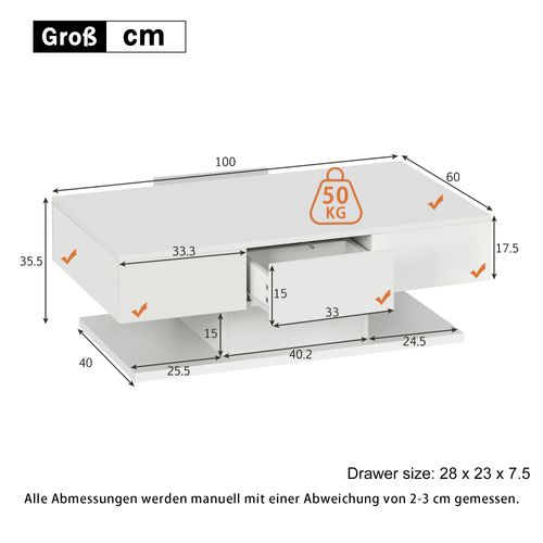 Table Basse Moderne En Bois Avec 2 Tiroirs Laque Blanche 100cm