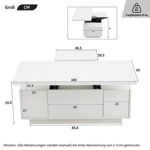 Table Basse Moderne En Bois Avec Mécanisme Double, Espace De Rangement Caché, Charge 50 Kg