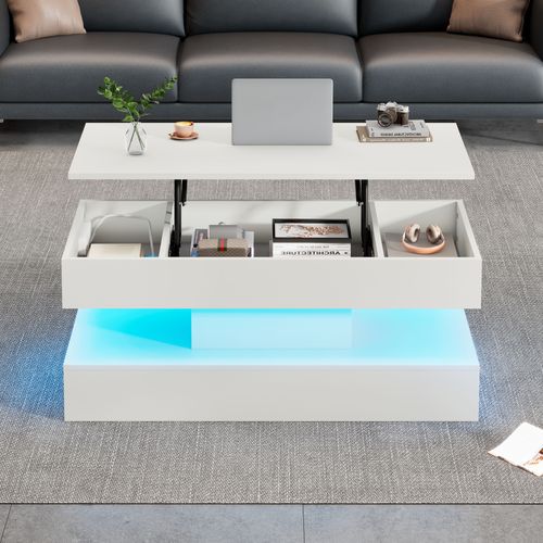 Table Basse Moderne En Bois Avec Éclairage LED Et Rangement Caché, Blanc