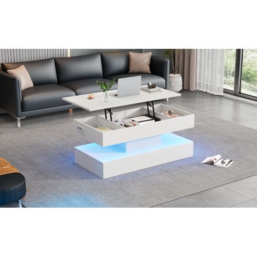 Table Basse Moderne En Bois Avec Éclairage LED Et Rangement Caché, Blanc