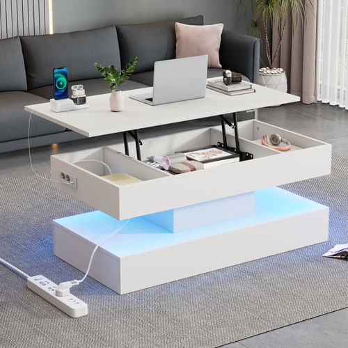 Table Basse Moderne En Bois Avec Éclairage LED Et Rangement Caché, Blanc