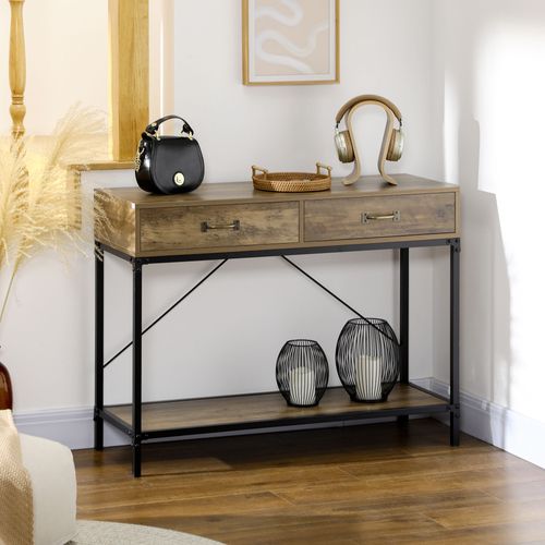 Table Console Vintage En Bois Avec 2 Tiroirs Et Étagère, Brun Noir