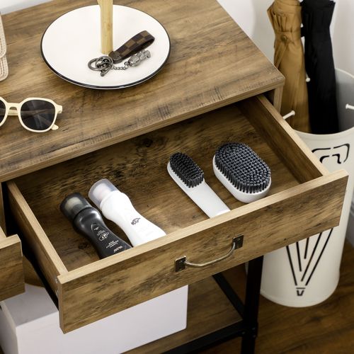 Table Console Vintage En Bois Avec 2 Tiroirs Et Étagère, Brun Noir