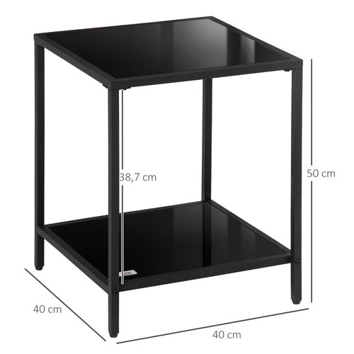 Table D'appoint En Acier Noir, Table Basse En Verre Trempé à 2 Niveaux, 40 X 40 X 50 Cm
