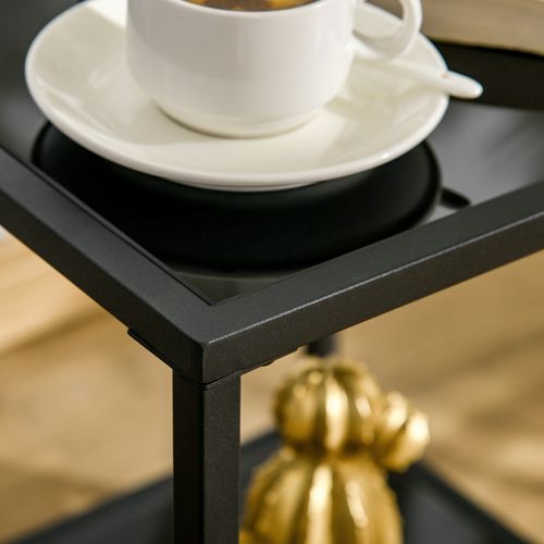 Table D'appoint En Acier Noir, Table Basse En Verre Trempé à 2 Niveaux, 40 X 40 X 50 Cm