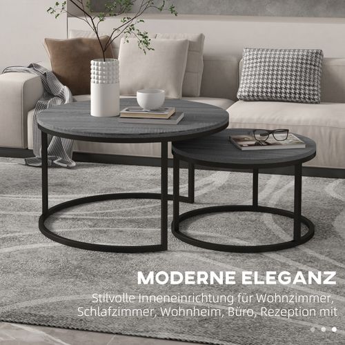 Table Basse Ronde En Set De 2 En Métal Et Bois, Empilable Pour Salon Ou Chambre, Noir