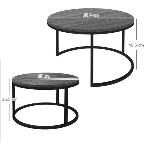 Table Basse Ronde En Set De 2 En Métal Et Bois, Empilable Pour Salon Ou Chambre, Noir