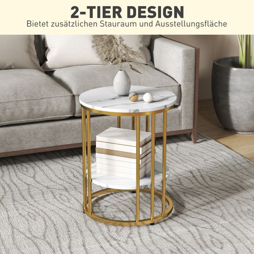 Table Basse Ronde En Set De 2, Cadre En Acier, Style Marbre, Blanc