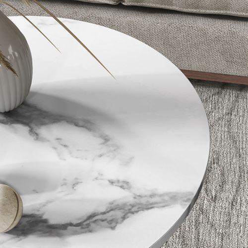 Table Basse Ronde En Set De 2, Cadre En Acier, Style Marbre, Blanc