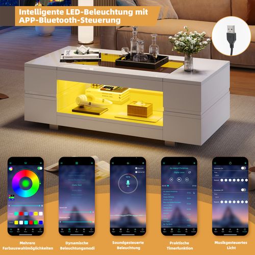 Table Basse LED Blanche Avec Contrôle Par Application Bluetooth, Idéale Pour Salon, Fête, Bureau