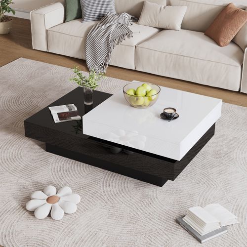 Table Basse Tournante En Aggloméré, Design Moderne, Surface Brillante, Noir Et Blanc