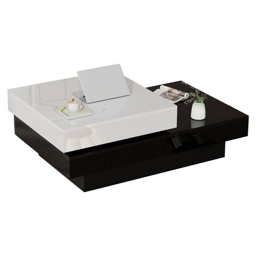 Table Basse Tournante En Aggloméré, Design Moderne, Surface Brillante, Noir Et Blanc