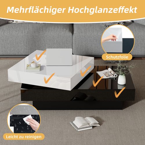 Table Basse Tournante En Aggloméré, Design Moderne, Surface Brillante, Noir Et Blanc