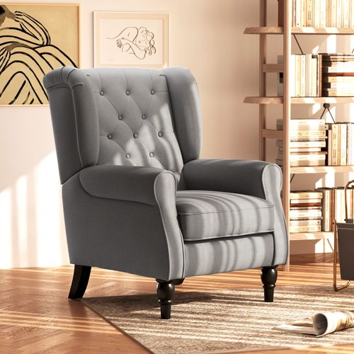 Fauteuil Relax En Tissu Polyester Avec Tufting Et Pieds En Bois, Gris Foncé