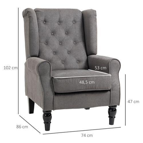 Fauteuil Relax En Tissu Polyester Avec Tufting Et Pieds En Bois, Gris Foncé