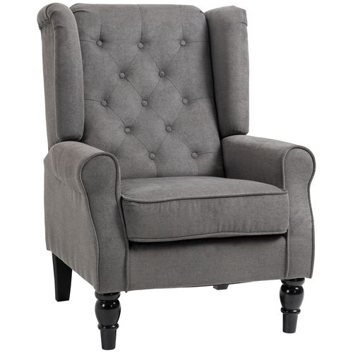 Fauteuil Relax En Tissu Polyester Avec Tufting Et Pieds En Bois, Gris Foncé