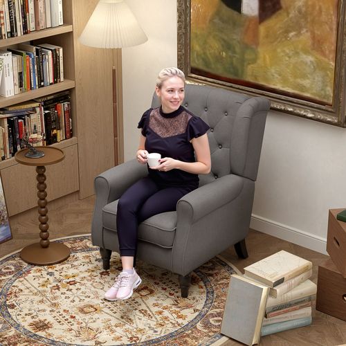 Fauteuil Relax En Tissu Polyester Avec Tufting Et Pieds En Bois, Gris Foncé