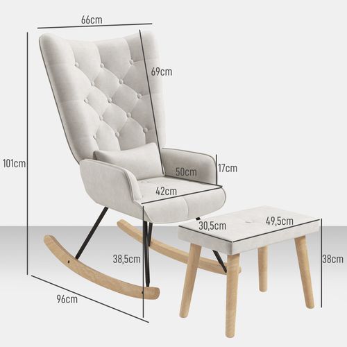 Fauteuil à Bascule Avec Pouf, Velours, Oreilles, Pieds En Bois, Crème