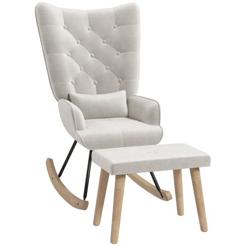 Fauteuil à Bascule Avec Pouf, Velours, Oreilles, Pieds En Bois, Crème
