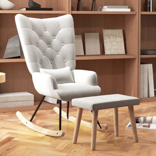 Fauteuil à Bascule Avec Pouf, Velours, Oreilles, Pieds En Bois, Crème