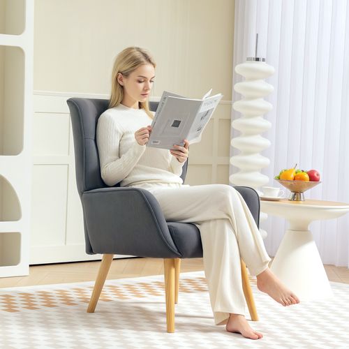 Fauteuil De Salon En Velours Avec Pieds En Bois, Fauteuil De Lecture Gris
