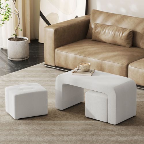 Set De Poufs 3 Pièces, Poufs Rembourrés Élégants, Blanc