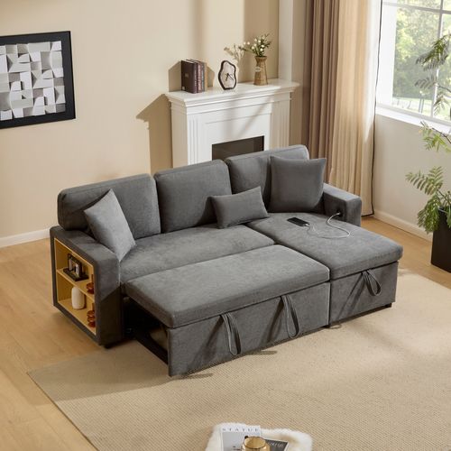 Canapé d’angle convertible L avec rangement et étagère Intégrée, USB intégré et coussins, gris foncé